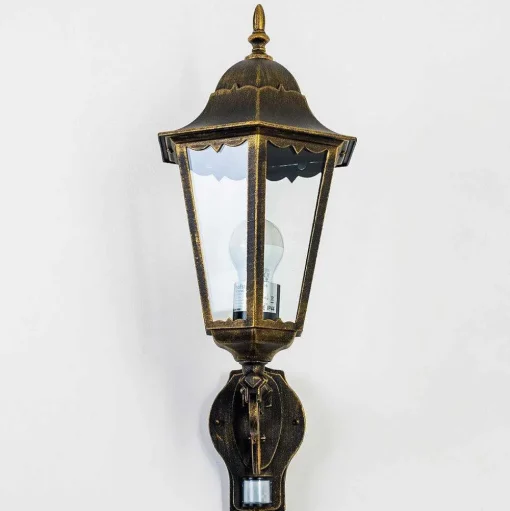 Applique Murale D'Exterieur Hongkong Brun Dore, 1 Lumiere, Detecteur De Mouvement