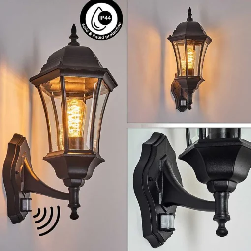 Applique Murale D'Exterieur Etoe Noir, 1 Lumiere, Detecteur De Mouvement