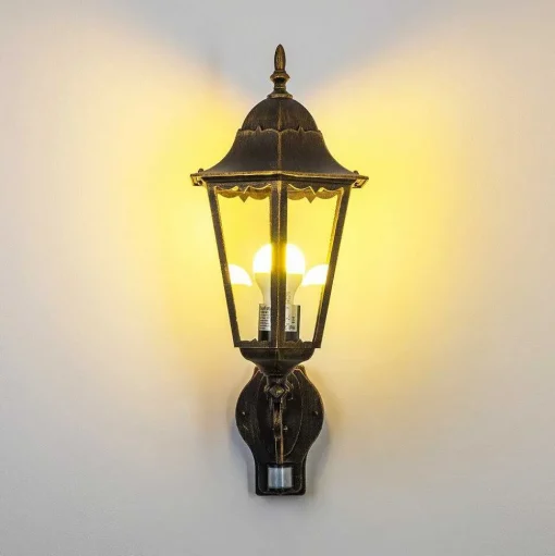Applique Murale D'Exterieur Hongkong Brun Dore, 1 Lumiere, Detecteur De Mouvement