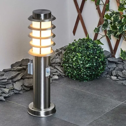 Borne Lumineuse Tunes Nickel Mat, 1 Lumiere, Detecteur De Mouvement