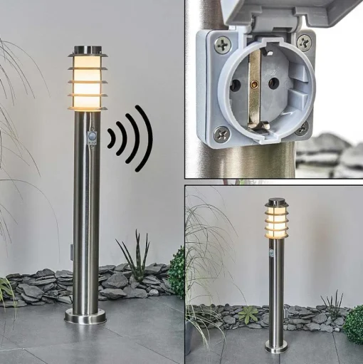 Borne Lumineuse Tunes Nickel Mat, 1 Lumiere, Detecteur De Mouvement
