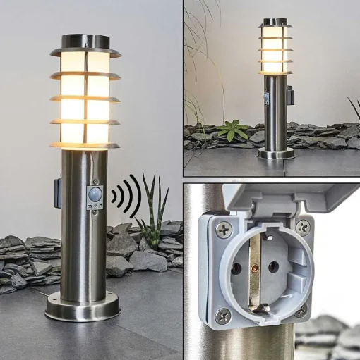Borne Lumineuse Tunes Nickel Mat, 1 Lumiere, Detecteur De Mouvement