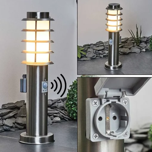Borne Lumineuse Tunes Nickel Mat, 1 Lumiere, Detecteur De Mouvement