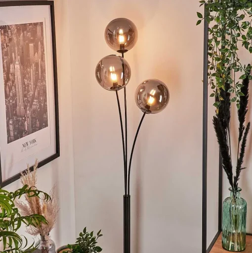 Lampadaire - Verre 15 Cm Bernado Fume, 3 Lumieres