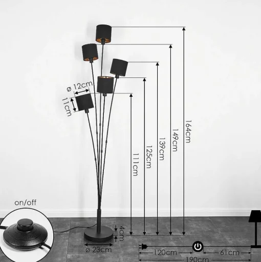 Lampadaire Alsen Noir, 5 Lumieres