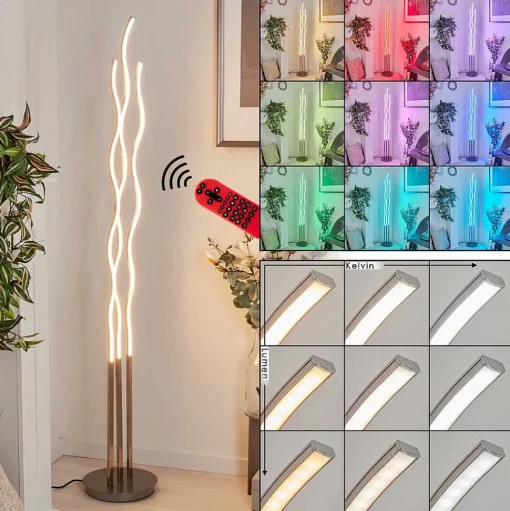 Lampadaire Gamsen Led Nickel Mat, 3 Lumieres, Telecommandes, Changeur De Couleurs