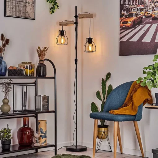 Lampadaire Gondo Bois Clair, Noir, 2 Lumieres