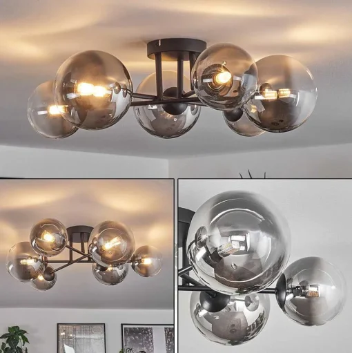 Plafonnier - Verre 12 Cm, 15 Cm Chehalis Clair, Fume, 6 Lumieres