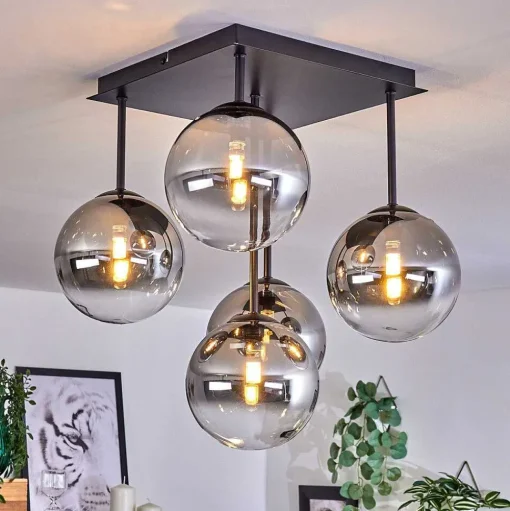 Plafonnier - Verre Chehalis Clair, Fume, 5 Lumieres