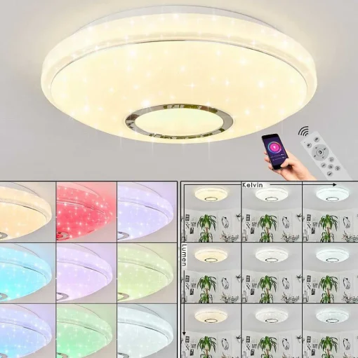 Plafonnier Auxerre Led Blanc, 2 Lumieres, Telecommandes, Changeur De Couleurs