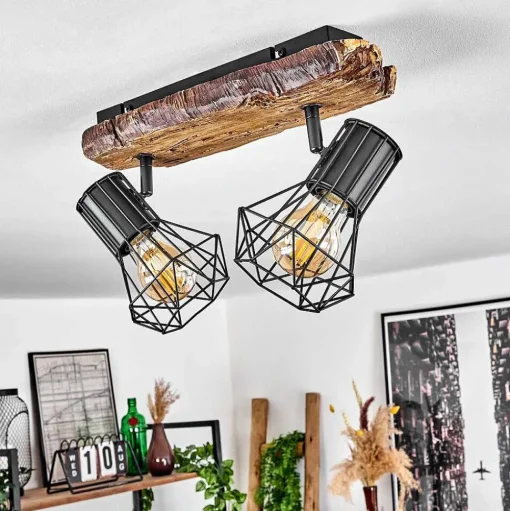 Plafonnier Bardhaman Bois Clair, Couleur Bois, Noir, 2 Lumieres