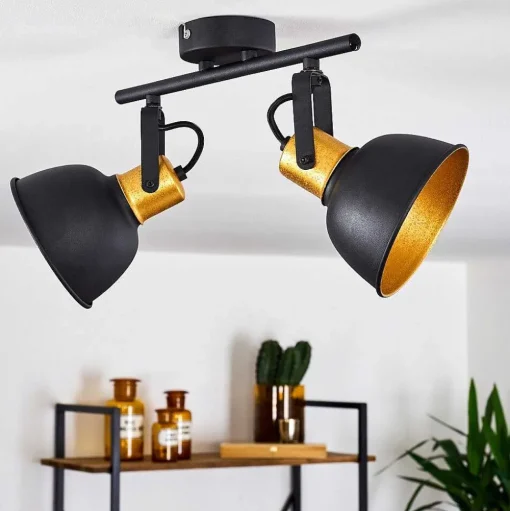 Plafonnier Blackburn Noir Dore, 2 Lumieres