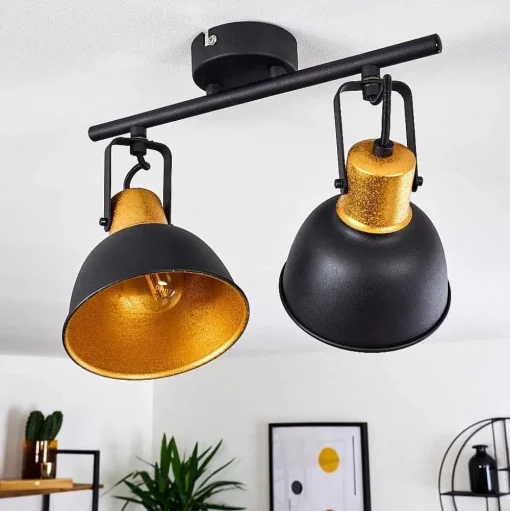 Plafonnier Blackburn Noir Dore, 2 Lumieres