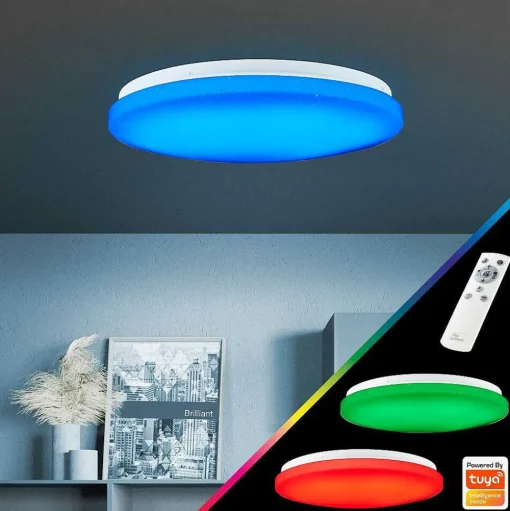 Plafonnier Brilliant Heddy Led Blanc, 1 Lumiere, Telecommandes, Changeur De Couleurs
