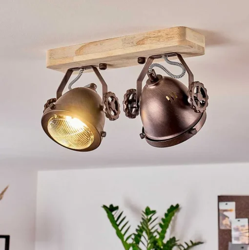 Plafonnier Herford Bois Clair, Cuivre, 2 Lumieres