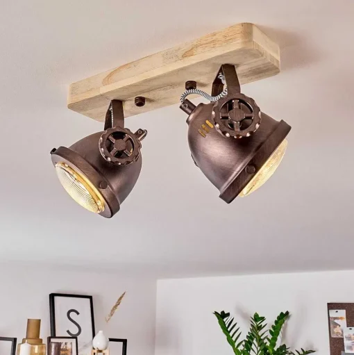 Plafonnier Herford Bois Clair, Cuivre, 2 Lumieres