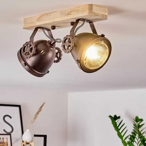 Plafonnier Herford Bois Clair, Cuivre, 2 Lumieres