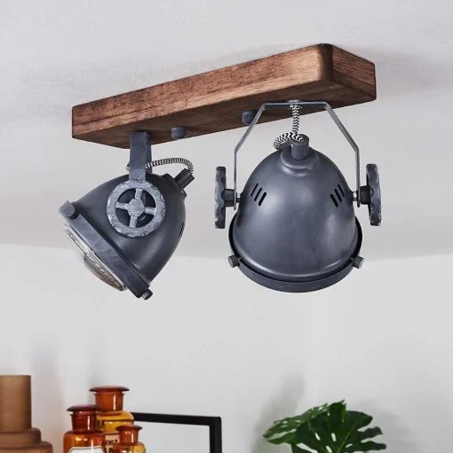 Plafonnier Herford Gris, Bois Fonce, 2 Lumieres