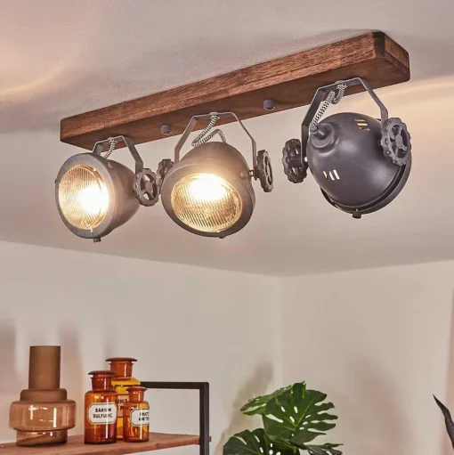Plafonnier Herford Gris, Bois Fonce, 3 Lumieres