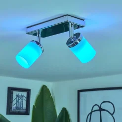 Plafonnier Idual Citrine Led Chrome, 2 Lumieres, Telecommandes, Changeur De Couleurs