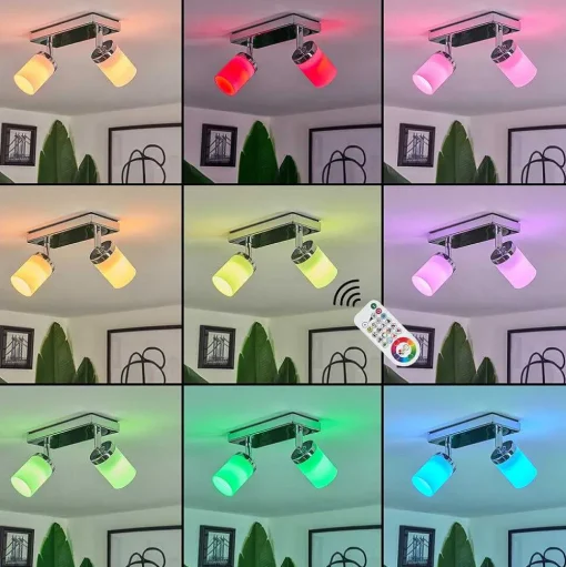 Plafonnier Idual Citrine Led Chrome, 2 Lumieres, Telecommandes, Changeur De Couleurs