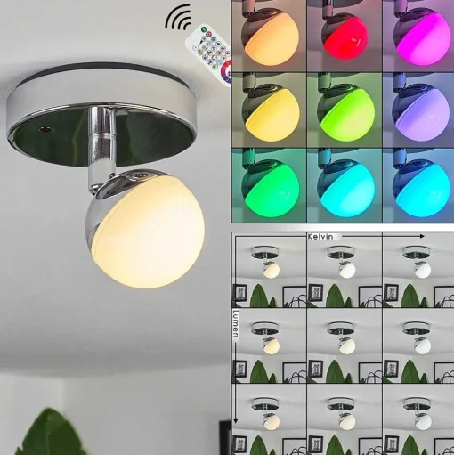 Plafonnier Idual Olivine Led Chrome, 1 Lumiere, Telecommandes, Changeur De Couleurs