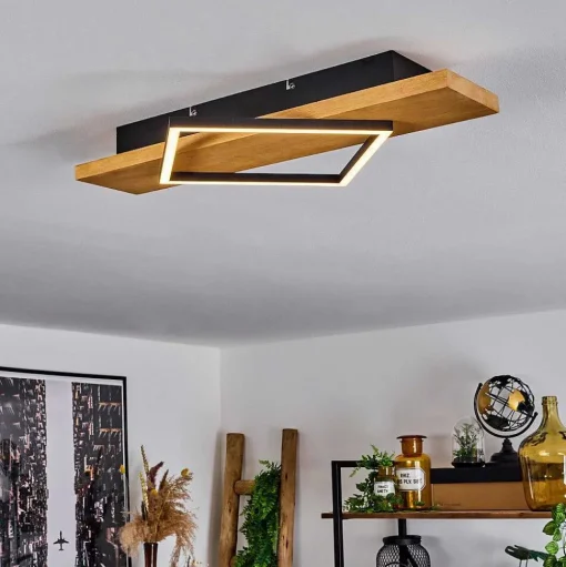 Plafonnier Pompu Led Bois Clair, Noir, 1 Lumiere