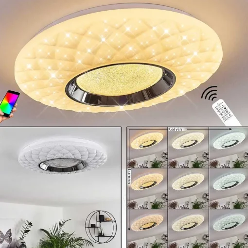 Plafonnier Roseto Led Chrome, Transparent, Blanc, 1 Lumiere, Telecommandes