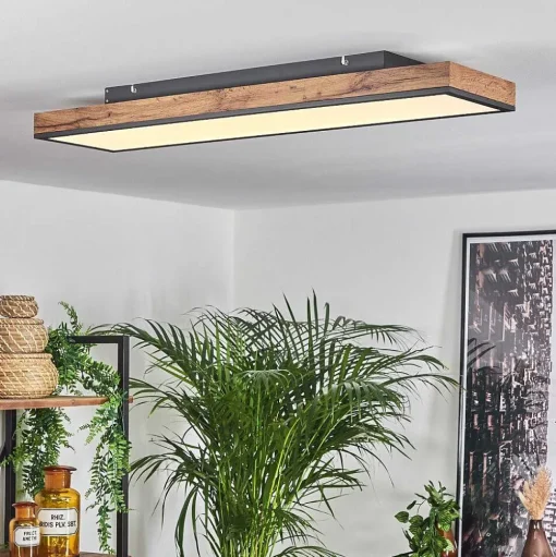 Plafonnier Salmi Led Brun, Couleur Bois, Noir, 1 Lumiere, Telecommandes