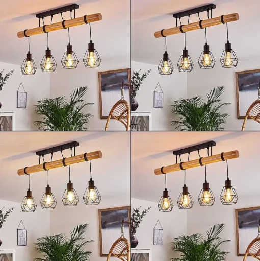 Plafonnier Yaak Bois Clair, Noir, 4 Lumieres