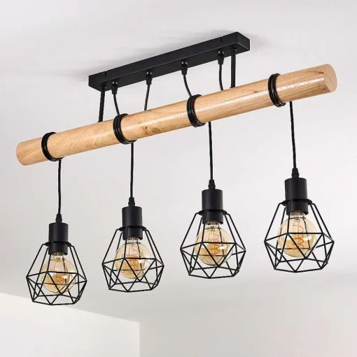Plafonnier Yaak Bois Clair, Noir, 4 Lumieres