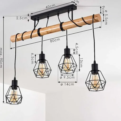 Plafonnier Yaak Bois Clair, Noir, 4 Lumieres