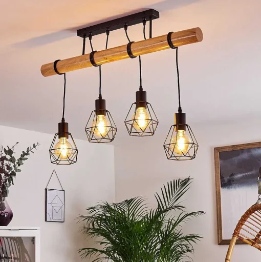 Plafonnier Yaak Bois Clair, Noir, 4 Lumieres