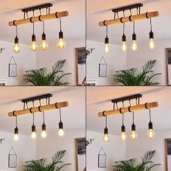 Plafonnier Yaak Bois Clair, Noir, 4 Lumieres