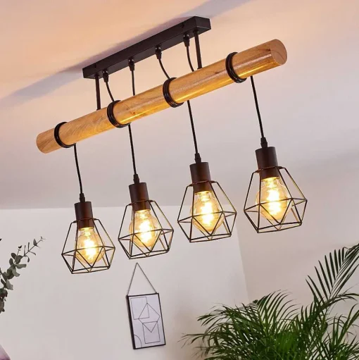 Plafonnier Yaak Bois Clair, Noir, 4 Lumieres