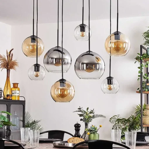 Suspension - Verre Koyoto Ambre, Clair, Fume, 8 Lumieres