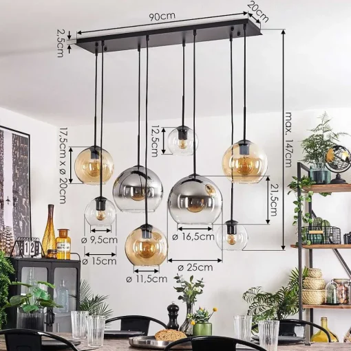 Suspension - Verre Koyoto Ambre, Clair, Fume, 8 Lumieres