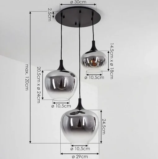Suspension Azurara Noir, 3 Lumieres