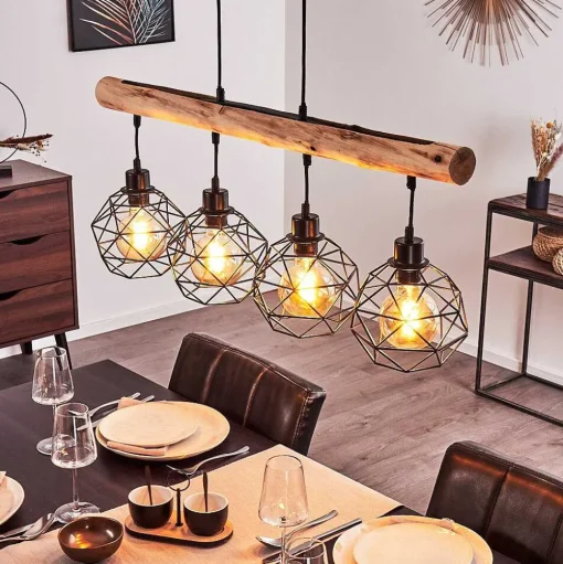 Suspension Bacabal Bois Clair, Noir, 4 Lumieres