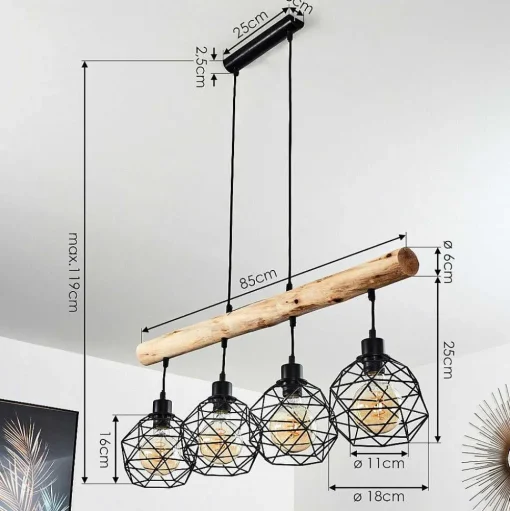 Suspension Bacabal Bois Clair, Noir, 4 Lumieres