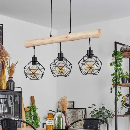 Suspension Bacabal Bois Clair, Noir, 3 Lumieres