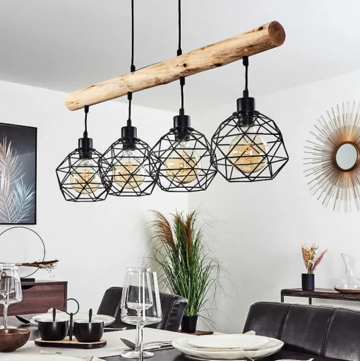 Suspension Bacabal Bois Clair, Noir, 4 Lumieres