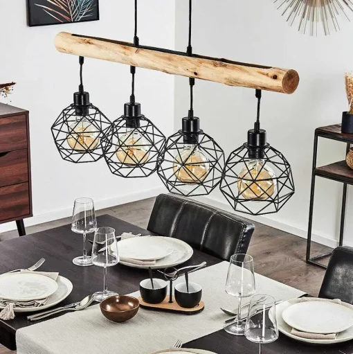 Suspension Bacabal Bois Clair, Noir, 4 Lumieres