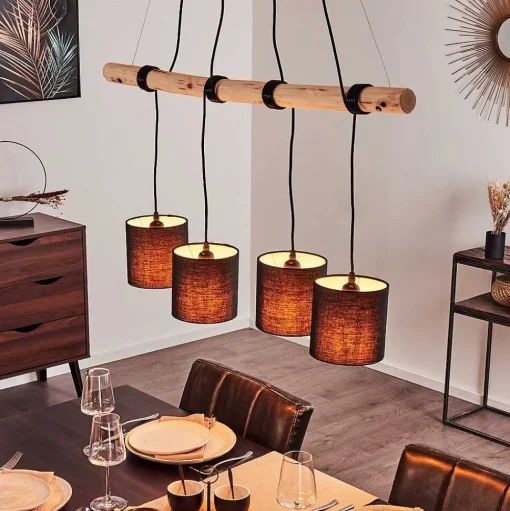 Suspension Betsele Bois Clair, Noir, 4 Lumieres