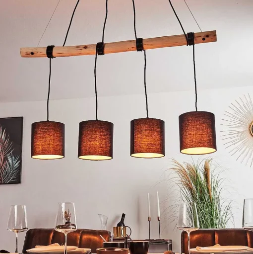 Suspension Betsele Bois Clair, Noir, 4 Lumieres