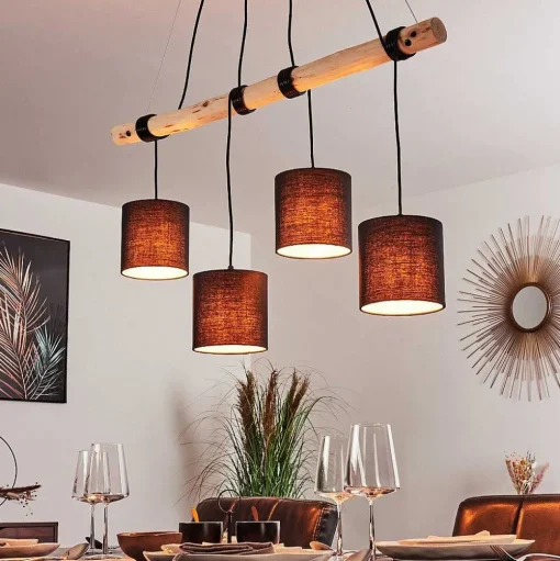 Suspension Betsele Bois Clair, Noir, 4 Lumieres