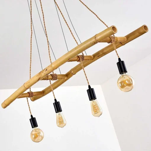 Suspension Canazei Brun, Bois Clair, Noir, 4 Lumieres