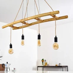 Suspension Canazei Brun, Bois Clair, Noir, 4 Lumieres