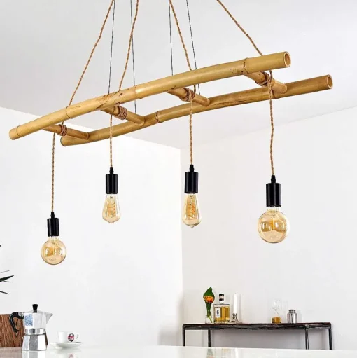 Suspension Canazei Brun, Bois Clair, Noir, 4 Lumieres