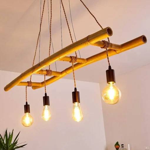 Suspension Canazei Brun, Bois Clair, Noir, 4 Lumieres
